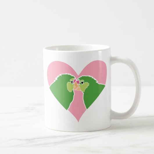 Lovevogels Roze Heart Green Parrots Clipart Koffiemok (Rechts)