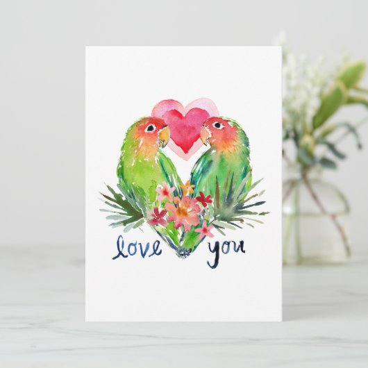 LOVEY LOVEBIRDS Tropische Waterverf Valentijn Feestdagenkaart (Staand voorkant)