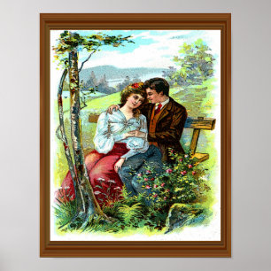 Loving Couple  Hugging Bench Floral Poster