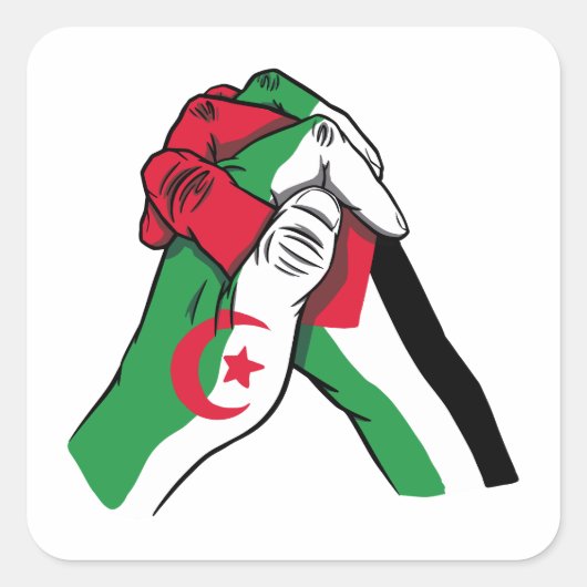 loving handshake between palestine and algeria vierkante sticker (Voorkant)