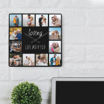 Loving Life with You Quote 12 Photo Black Vierkante Klok<br><div class="desc">Fotoklok met happy quote en 12 van je favoriete afbeeldingen van familie en vrienden. Het fotomalplaatje is opstelling voor u om uw eigen foto van de netstijl te creëer collage aan lijst het citaat leest "het liefhebben van leven met u". Het ontwerp wordt letterlijk in mooi manuscript en ondoorzichtige doopvonttypografie...</div>