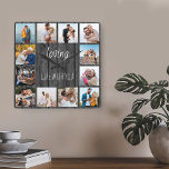 Loving Life with You Quote 12 Photo Grey Wood Vierkante Klok<br><div class="desc">Photo clock with happy quote and 12 of your favorite pictures of family and friends. The photo template is set up for you to create your own grid style photo collage to frame the quote reads "loving life with you". The design is lettered in neat script and skinny font typography...</div>