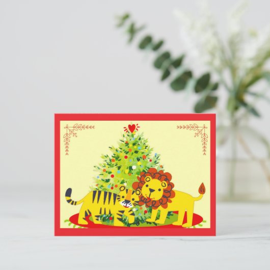 Loving Lion & Tiger Happy Holiday Postcard Feestdagenkaart (Staand voorkant)