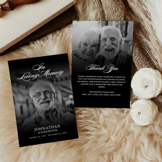 Loving Memory 2-foto Elegant Script begrafenis Bedankkaart
