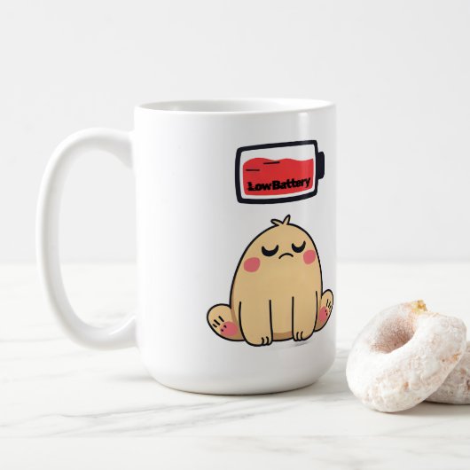 Low Battery Mood – Grappige Comic Doodle Koffiemok (Met donut)