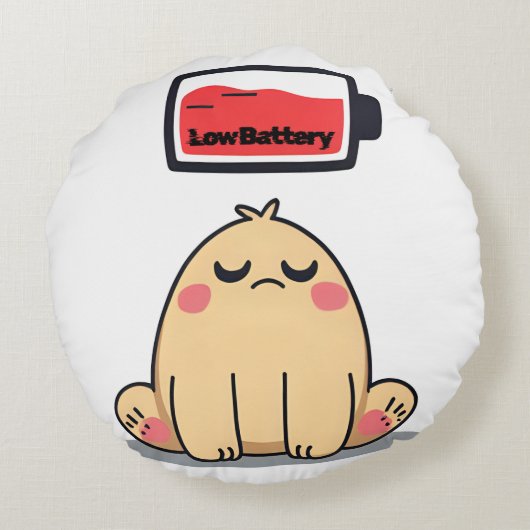 Low Battery Mood – Grappige Comic Doodle Rond Kussen (Achterkant)