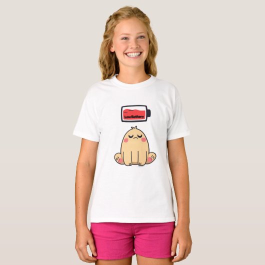 Low Battery Mood – Grappige Comic Doodle T-shirt (Voorkant volledig)
