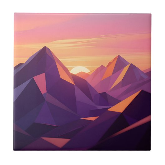 Low Poly Bergzonsondergang Geometrisch Tegeltje (Voorkant)