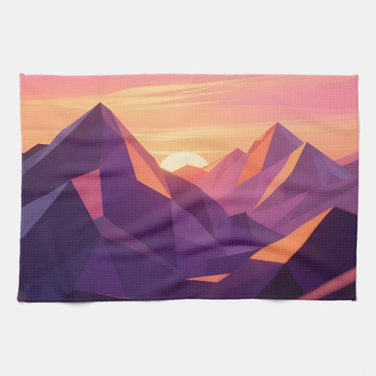 Low Poly Bergzonsondergang Geometrisch Theedoek (Horizontaal)