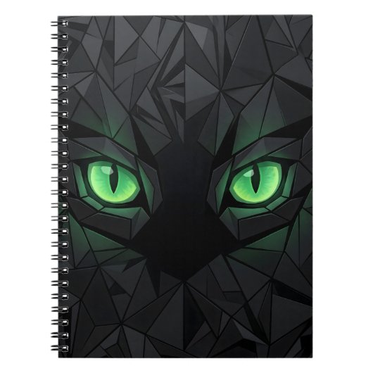 Low Poly Zwarte Kat met Smaragdgroene Ogen Notitieboek (Voorkant)