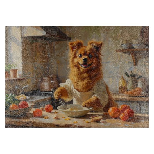 Lowchen Cooking in Kitchen Snijplank (Voorkant)