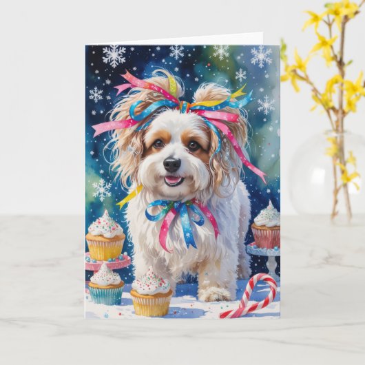 Lowchen Dog Christmas Wenskaart Kaart (Gele Bloem)