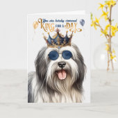 Lowchen Dog King voor Dag Grappige Verjaardag Kaart (Gele Bloem)