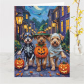 Lowchen Honden Trick-or-Treating Halloween Kostuum Kaart (Gele Bloem)