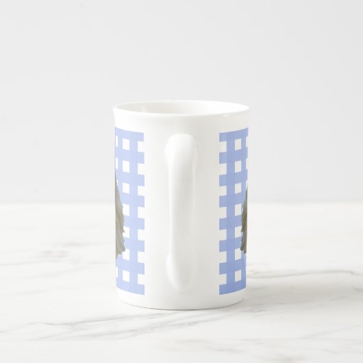 Lowchen op Blue Gingham Porselein Kop (Achterkant)