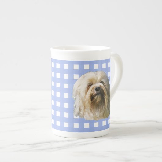 Lowchen op Blue Gingham Porselein Kop (Voorkant rechts)