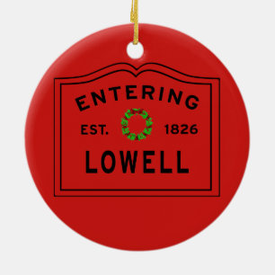 Lowell, MA Holiday Wreath Ceramic Ornament