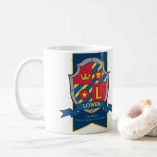 Lowen naam betekent leeuw ridder schild rood blauw koffiemok