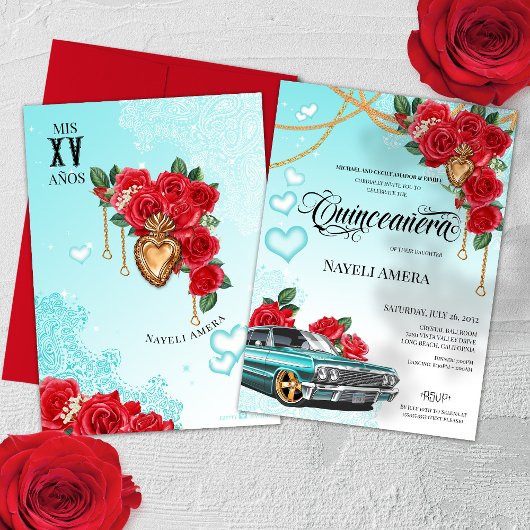 Lowrider Chola Chicano Red Rose Quinceanera Kaart