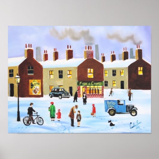 Lowry geïnspireerde nostalgische winterse straatsc poster (Voorkant)