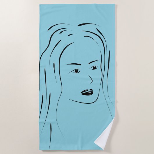 Loyal Black Line Art Woman Face Digital Handraw Strandlaken (Voorkant)