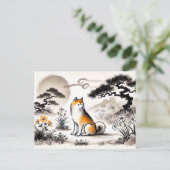 Loyal Dog in Garden Under Bonsai inkt kunst Feestdagenkaart (Staand voorkant)