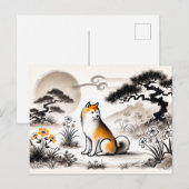 Loyal Dog in Garden Under Bonsai inkt kunst Feestdagenkaart (Voorkant / Achterkant)