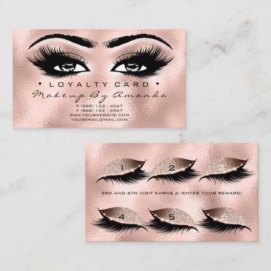 Loyaliteit Kaart 6 Beauty Salon Lash Roos Goudglas Klantenkaartje (Voorkant / Achterkant)