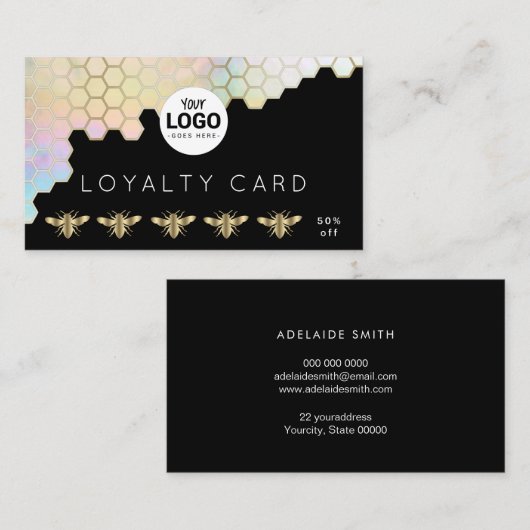 Loyaliteitskaart Bijen honingraat op zwart Visitekaartje (Voorkant / Achterkant)