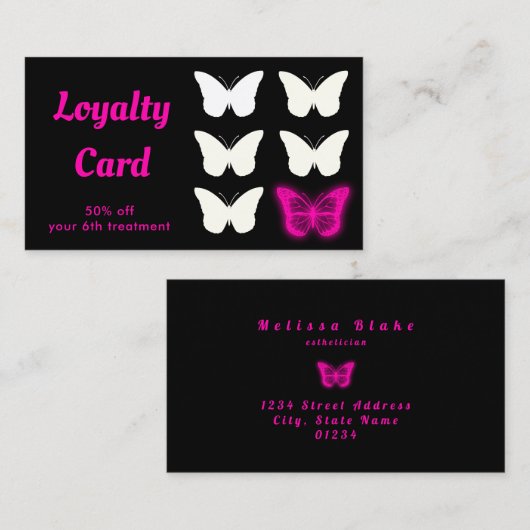 Loyaliteitskaart Neon Pink Butterfly Visitekaartje (Voorkant / Achterkant)