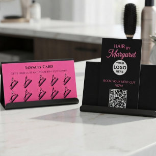 Loyaliteitskaart QR-code logo roze zwart kapsalon Visitekaartje