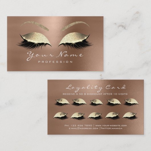 Loyalty Card 10 Makeup Lashes Extension Coffe Gold (Voorkant / Achterkant)