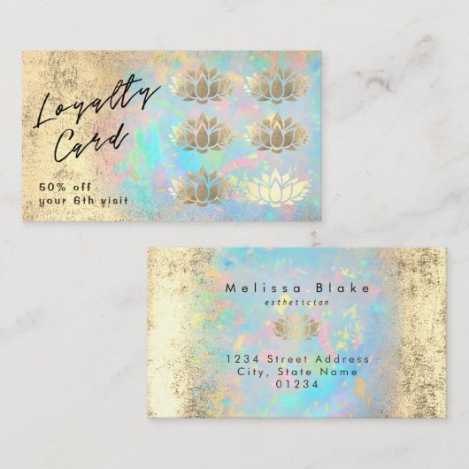 Loyalty Card Faux Gold folie Lotus op Opal Texture Visitekaartje (Voorkant / Achterkant)