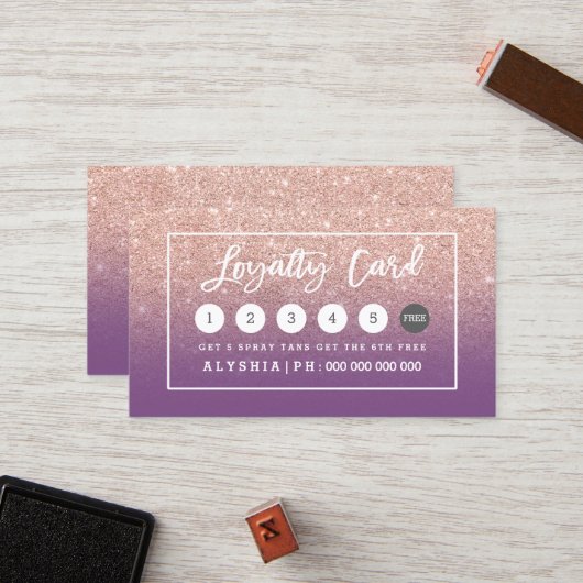 Loyalty card roos gouden typografie paars (Voorkant / Achterkant in situ)