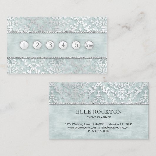Loyalty Card Sage Green Glimmer Damask Silver Visitekaartje (Voorkant / Achterkant)