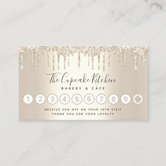 Loyalty Cupcake Bakkerij Chef Gold Glitter Drips Visitekaartje (Voorkant)