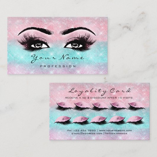Loyalty Kaart 10 Makeup Lashes Extension Blue Roze (Voorkant / Achterkant)