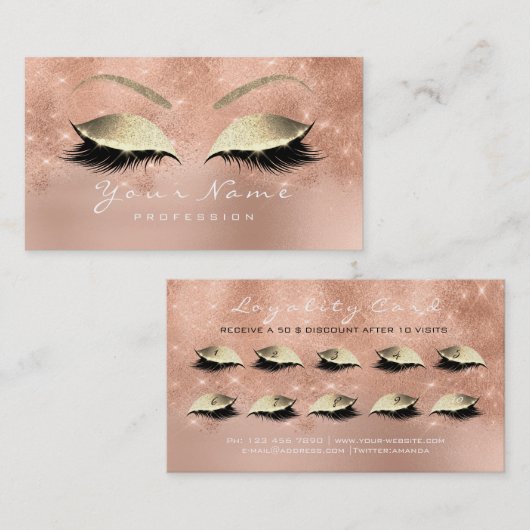 Loyalty Kaart 10 Makeup Lashes Roos Gold Glitter (Voorkant / Achterkant)