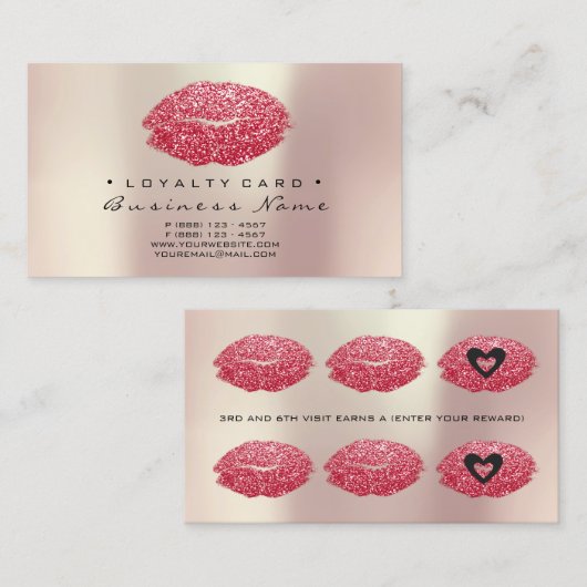 Loyalty Kaart 6 Beauty Salon Kiss Red Hearts Lips (Voorkant / Achterkant)