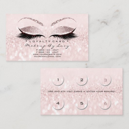 Loyalty Kaart 6 Beauty Salon Lashes Glitter Pink (Voorkant / Achterkant)