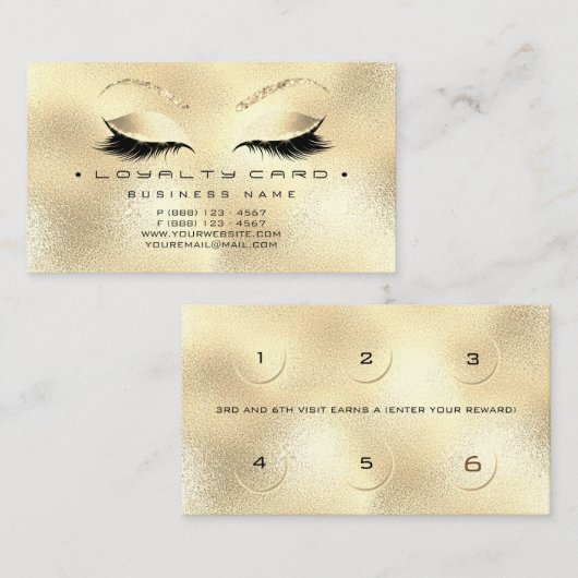 Loyalty Kaart 6 Beauty Salon Lashes Gold Glitter (Voorkant / Achterkant)