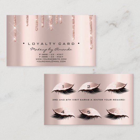 Loyalty Kaart 6 Beauty Salon Lashes Roos Gold Glit (Voorkant / Achterkant)