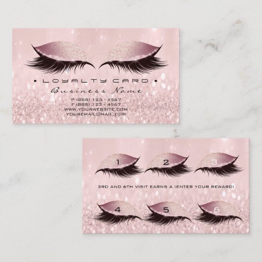 Loyalty Kaart 6 Beauty Salon Lashes Roos Roze Glam (Voorkant / Achterkant)