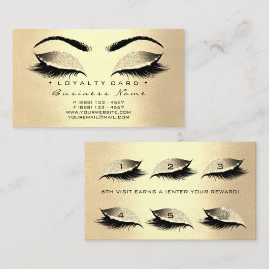 Loyalty Kaart 6 Lash Sepia Gold Crown Glitter (Voorkant / Achterkant)