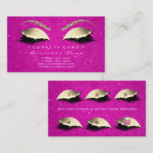 Loyalty Kaart 6 Lashes Gold Hot Pink Crown Glitter (Voorkant / Achterkant)