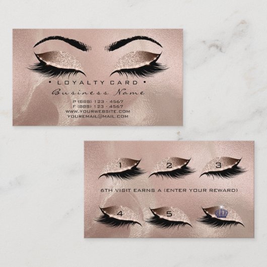 Loyalty Kaart 6 Lashes Skin Roos Gold Crown Glitte (Voorkant / Achterkant)