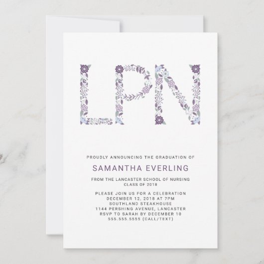 LPN afstuderen feest, bloemenverpleegkundige paars Kaart (Voorkant)
