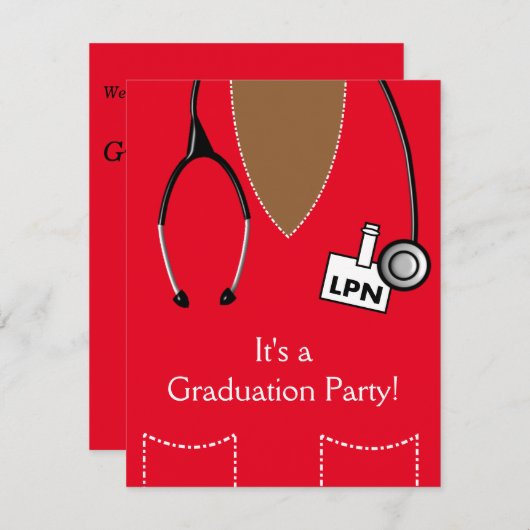 LPN Black Nurse Afstuderen Invitation Scrub RED Kaart (Voorkant / Achterkant)