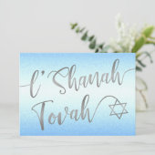 L'Shanah Tovah Rosh Hashanah Silver Script Blue Feestdagenkaart (Staand voorkant)