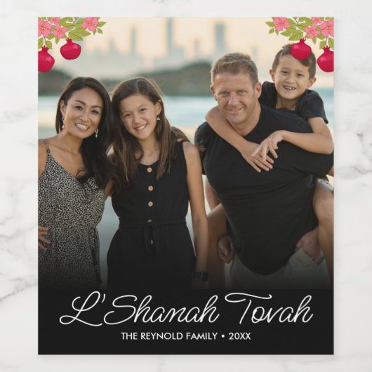 L'Shanah Tovah Script Photo Pomegranate Flower Wijn Etiket (Enkel label)
